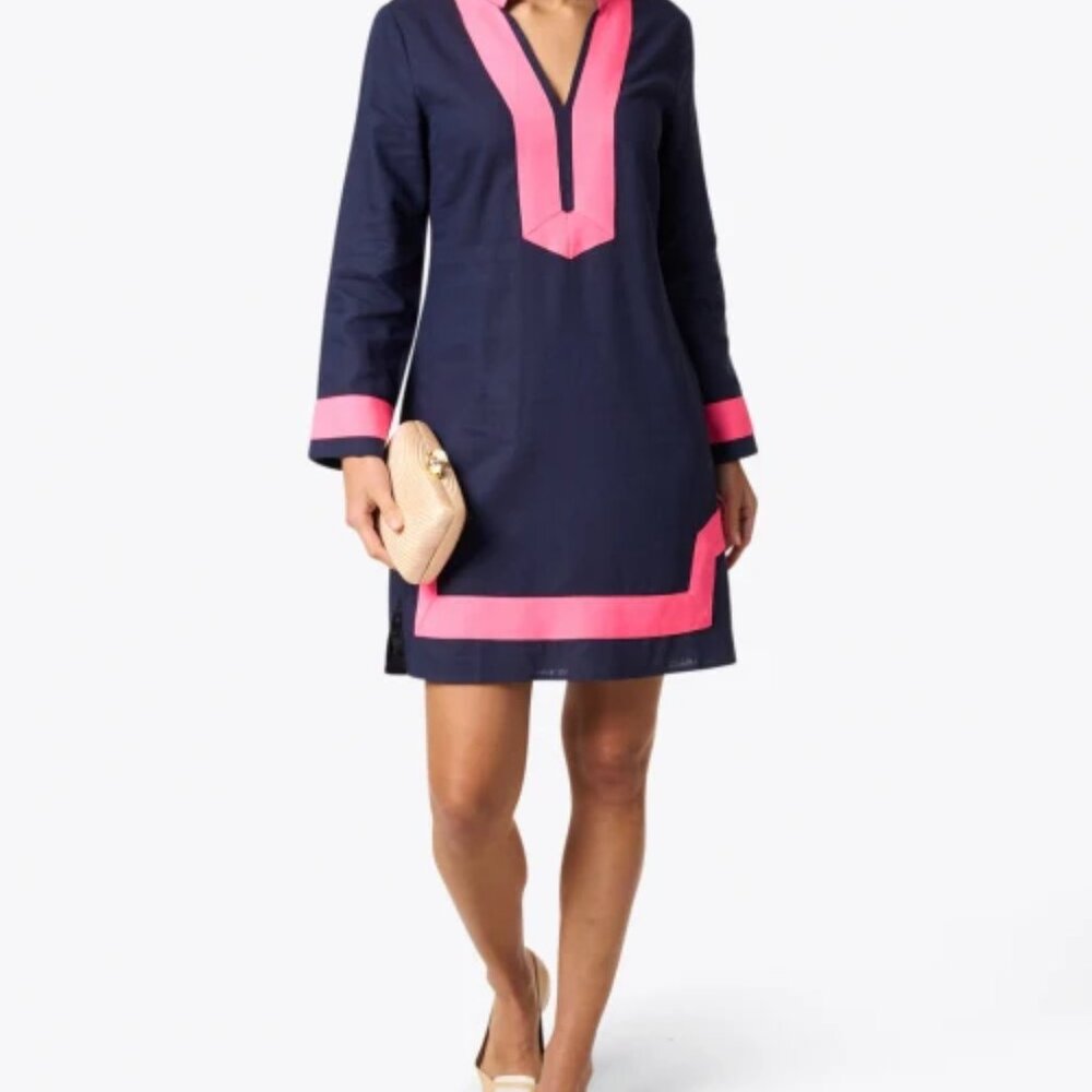 Sail to Sable Navy blue Linen Tunic Dress Small S white contrast trim - Picture 4 of 4